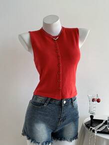 Elamini Women's Sleeveless Cardigan, Solid Color, Fashionable For Summer - Red - View 4