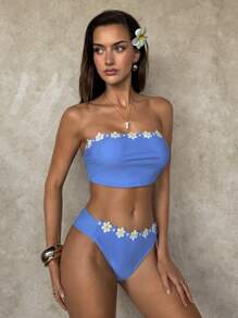 SHEIN Swim 女款刺繡貼花沙灘裝泳衣套裝，適合夏季海灘度假 - 藍色 - 查看 4