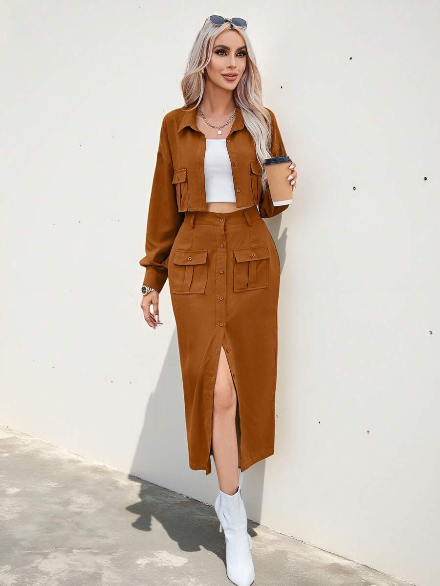 Aveloria Modichic Conjunto de 2 piezas de mujer para primavera y otoño compuesto por una chaqueta de trabajo de unicolor y manga larga con bolsillos, y una falda casual con dobladillo dividido - Naranja Quemada - Ver 1