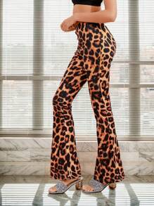 Easithlete Leopard Print Flared Leg Elastic Waist Sexy Skinny Pants - Brown - View 1