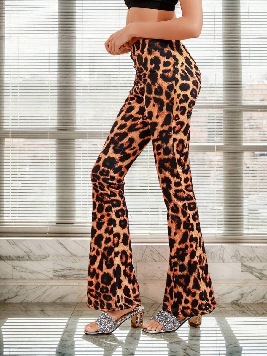 Easithlete Leopard Print Flared Leg Elastic Waist Sexy Skinny Pants - Brown - View 1