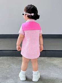 2pcs/Set Baby Girl Cozy Casual Versatile Cute Pink & White Striped Short Sleeve Shirt Dress With Shawl Outfit, Suitable For Indoor, Outdoor, Daily, Sports, Play, Party, Photography, Holiday, Festivals, Spring/Summer
