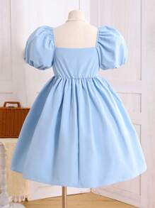 SHEIN Leap Crew Nova Glow Tween 女童编织蝴蝶结领休闲泡泡袖迷你连衣裙