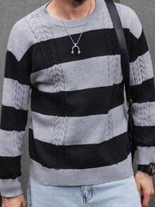 Manfinity Homme 男士宽松条纹圆领长袖休闲拼色套头毛衣，秋冬，工作装，丈夫装 - 黑色 - 查看 4