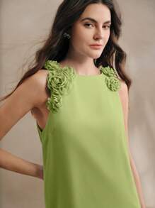 Anewsta Elegantes 3D-Blumen-Dekor A-Linienminikleid für Party, Sommer, Lässig, Festival, Urlaub, Strand - Grün - Übersicht 7