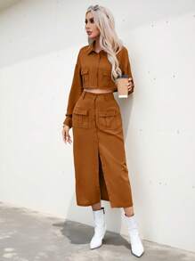 Aveloria Modichic Conjunto de 2 piezas de mujer para primavera y otoño compuesto por una chaqueta de trabajo de unicolor y manga larga con bolsillos, y una falda casual con dobladillo dividido - Naranja Quemada - Ver 6