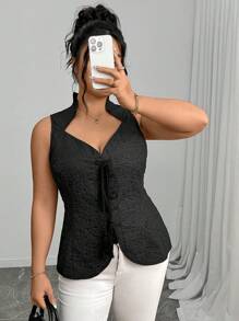 SHEIN Clasi Elegantes Oberteil in Große Größen mit chinesischem Kragen und Bindedetail in Unifarbe - Schwarz - Übersicht 1