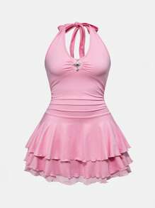ROMWE J-Fashion Plus Size Women Punk Cross Decor Multi-Layer Mini V-Neck Dress - Pink - View 1