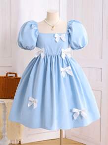 SHEIN Leap Crew Nova Glow Tween 女童编织蝴蝶结领休闲泡泡袖迷你连衣裙