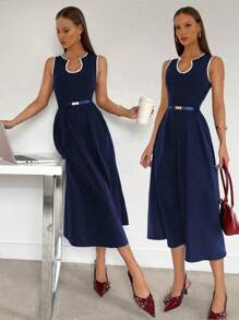 Siren Gaze 纯色 U 领 A 字下摆连衣裙，撞色饰边连衣裙，优雅女装，女士办公室/通勤装，女士夏装，女士服装，女士正式连衣裙，工作服，母亲节连衣裙，女士太阳裙 - 藏蓝色 - 查看 7