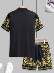 Manfinity Homme Conjunto de camisa de manga corta con estampado todo sobre y pantalones cortos con cordón en la cintura para hombres de talla grande