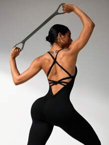 Slayoga Peto sencillo de unicolor con cruce en la parte trasera de la cintura para mujer, atuendo casual para gimnasio