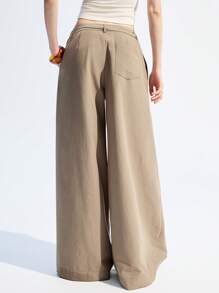 Loose Casual Solid Brown Wide Leg Pants - Brown - View 2