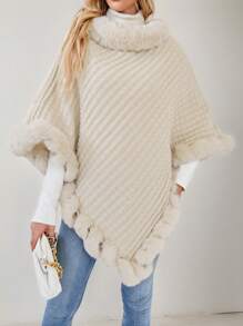 Aveloria Modichic Fuzzy Trim Turtleneck Poncho Knit Pullover Fall Winter Outfit - Beige - View 1
