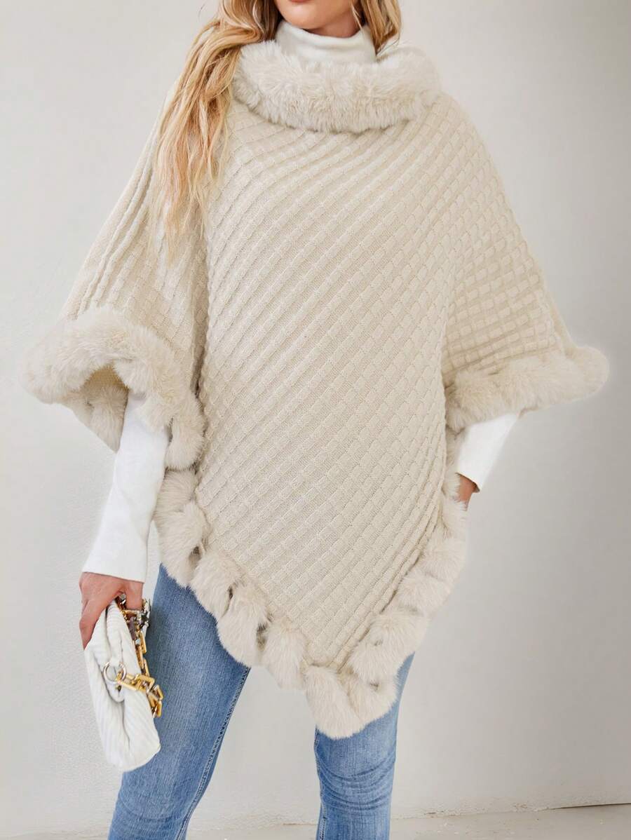 Aveloria Modichic Fuzzy Trim Turtleneck Poncho Knit Pullover Fall Winter Outfit - Beige - View 1