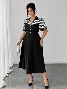 Elenzga 大码拼色条纹印花优雅短袖连衣裙 - 黑與白 - 查看 4