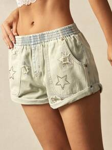 Bohemela Short en jean déchiré casual avec taille élastique et poche brodée pour femmes - Jean clair - Voir 5