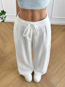 SHEIN EZwear Women's Casual Cotton Long Pants: Comfortable, Semi-Sheer Knitted Fabric With Pockets, Perfect For Everyday Wear - Blue - View 4