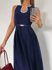 Siren Gaze 纯色 U 领 A 字下摆连衣裙，撞色饰边连衣裙，优雅女装，女士办公室/通勤装，女士夏装，女士服装，女士正式连衣裙，工作服，母亲节连衣裙，女士太阳裙 - 藏蓝色 - 查看 6