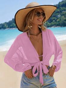 Swim Vcay Women's Summer Vacation Front-Tie Lantern Sleeve Short Kimono Cover Up - Baby Pink - View 5