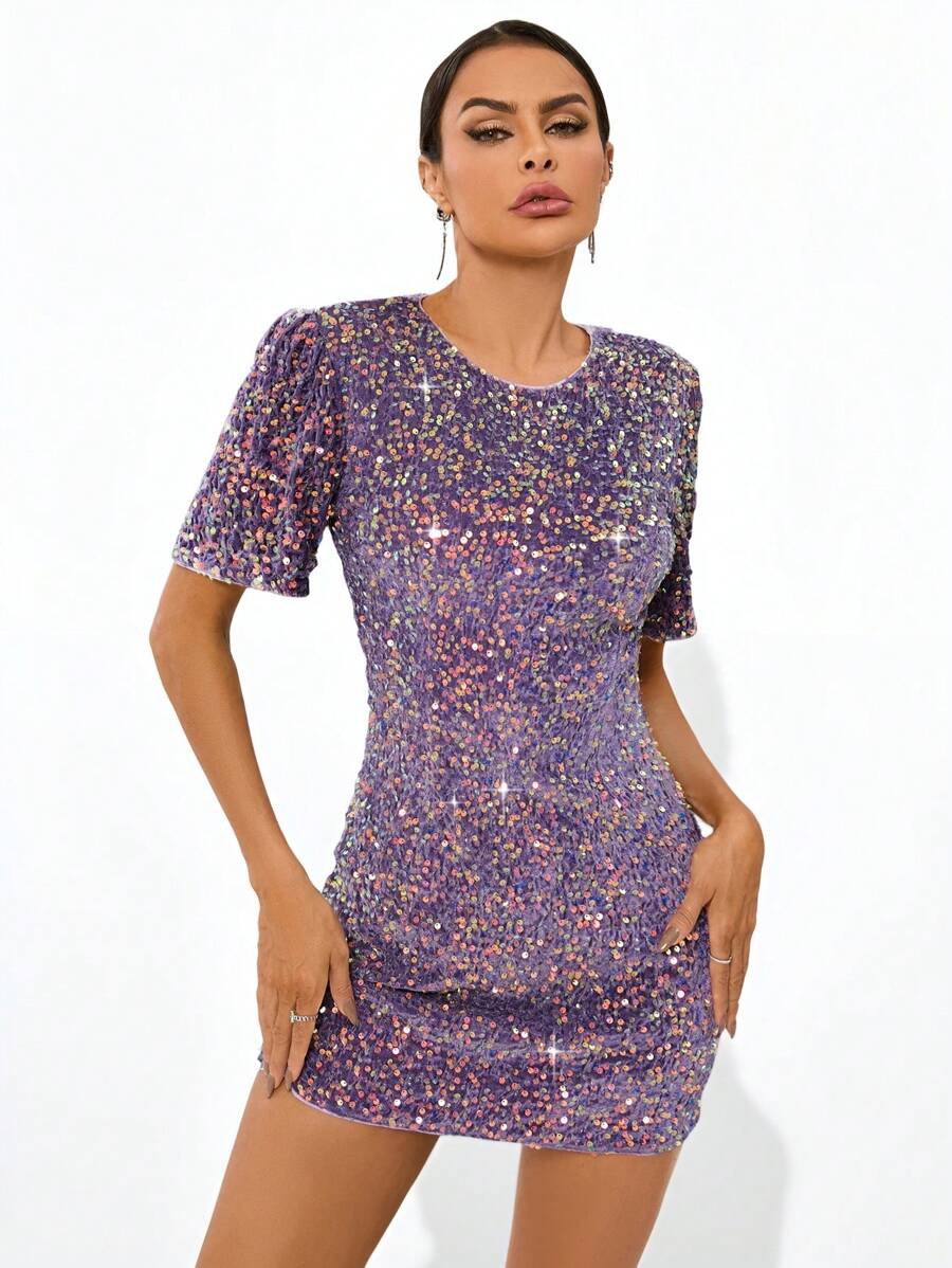 Aveloria Modichic Women's Sparkly Short Sleeve Dress Sequin Dress Holiday Party Sequin Glitter Sparkle Dress  - Purple - View 1