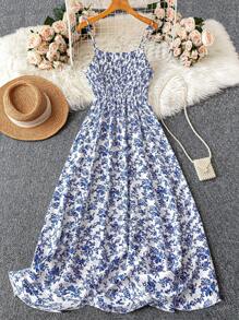 SHEIN LUNE 大码女式碎花节日休闲长款背心裙新年服装长款女装 - 藍白色 - 查看 1