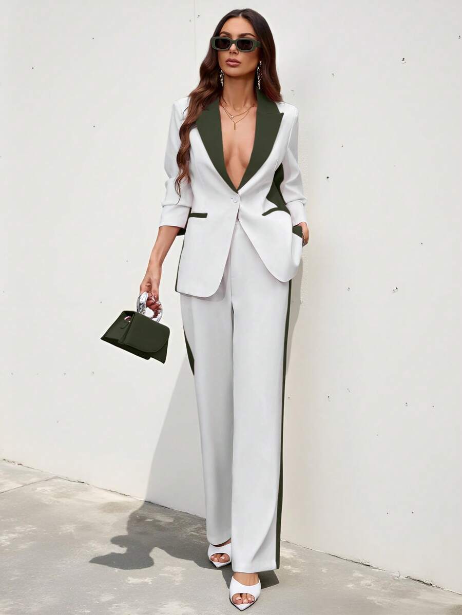 Aveloria Modichic Women's Color Block Lapel Collar Long Sleeve Jacket And Trouser Suit Set  - Green - View 1