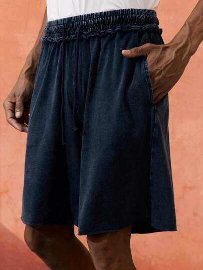 Maija 2025 Spring/Summer Indigo Distressed Tie-Waist Relaxed Fit Casual Bermuda Shorts, Vacation, Beach, Daily Wear, Wedding Guest, Street Style For Men