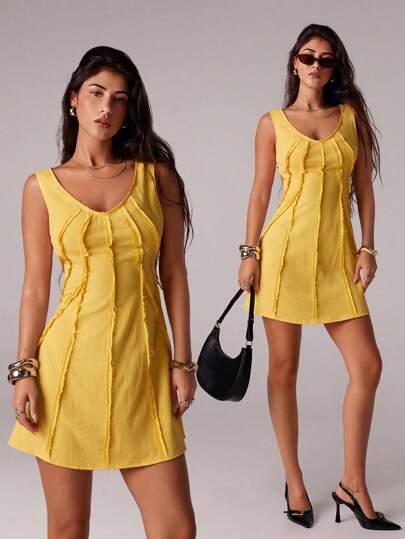 SHEIN Forever 21 Vestido mini amarillo sin mangas tipo línea A, ropa para primavera y verano, para ocasiones románticas/de gala/formales/de cumpleaños/estilo de los 90/de negocios casuales/elegantes/del oeste/salir/moda/casual/estilo y2k/club/oficina/cóctel/vintage/ajustado/rave, festivales, divertido, elegante, old money, streetwear, vacaciones, conciertos de country, trabajo, modesto, spring break, despedidas de soltera, conciertos, baddie, básico, graduación