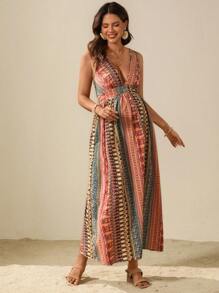 Boho Mama Maternity V-Neck Loose Allover Print Dress, Suitable For Summer Holiday