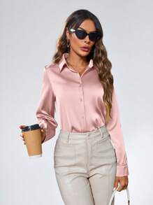 SHEIN Privé 长袖女式纯色衬衫优雅商务休闲女式纽扣衬衫 - 粉色 - 查看 4