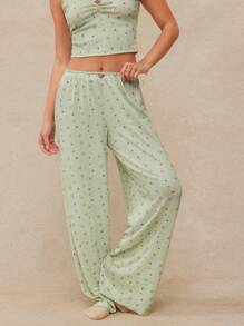 WESTFADE Summer Floral Printed Pointelle Knit Mid Rise Cute Rosette Waist Straight Leg Lounge Pants - Mint Green - View 5
