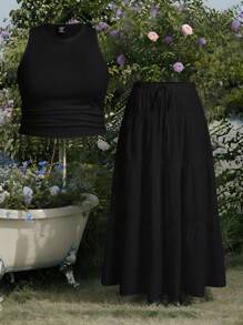SHEIN EZwear 2pcs/Set Black Sleeveless Tank Dress Plus Size