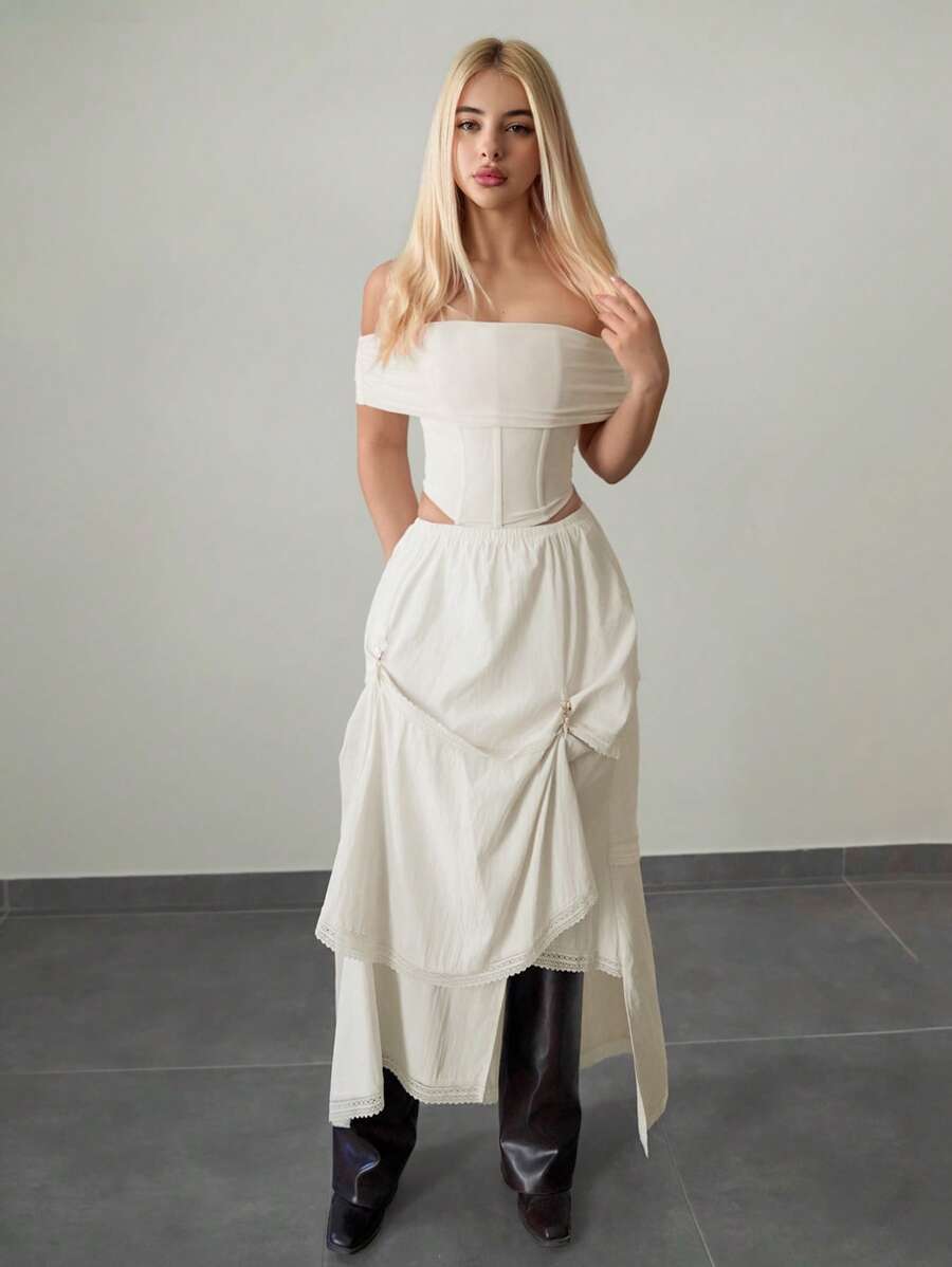 Sweetina 女士不对称下摆纯色半身裙，百搭，适合夏季户外和度假 - 杏色 - 查看 1