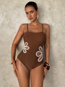SHEIN Swim قطعة واحدة من ملابس السباحة النسائية ذات التصميم البسيط والأنيق، مناسبة للصيف - بني - مشاهدة 3