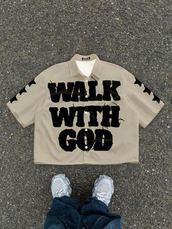 Manfinity Roghcode Men's Short Sleeve Shirt, Fashionable For Summer Men's Cropped Tops, Walk With God Shirt, God Shirt, Tan Graphic Shirt, Church Shirt