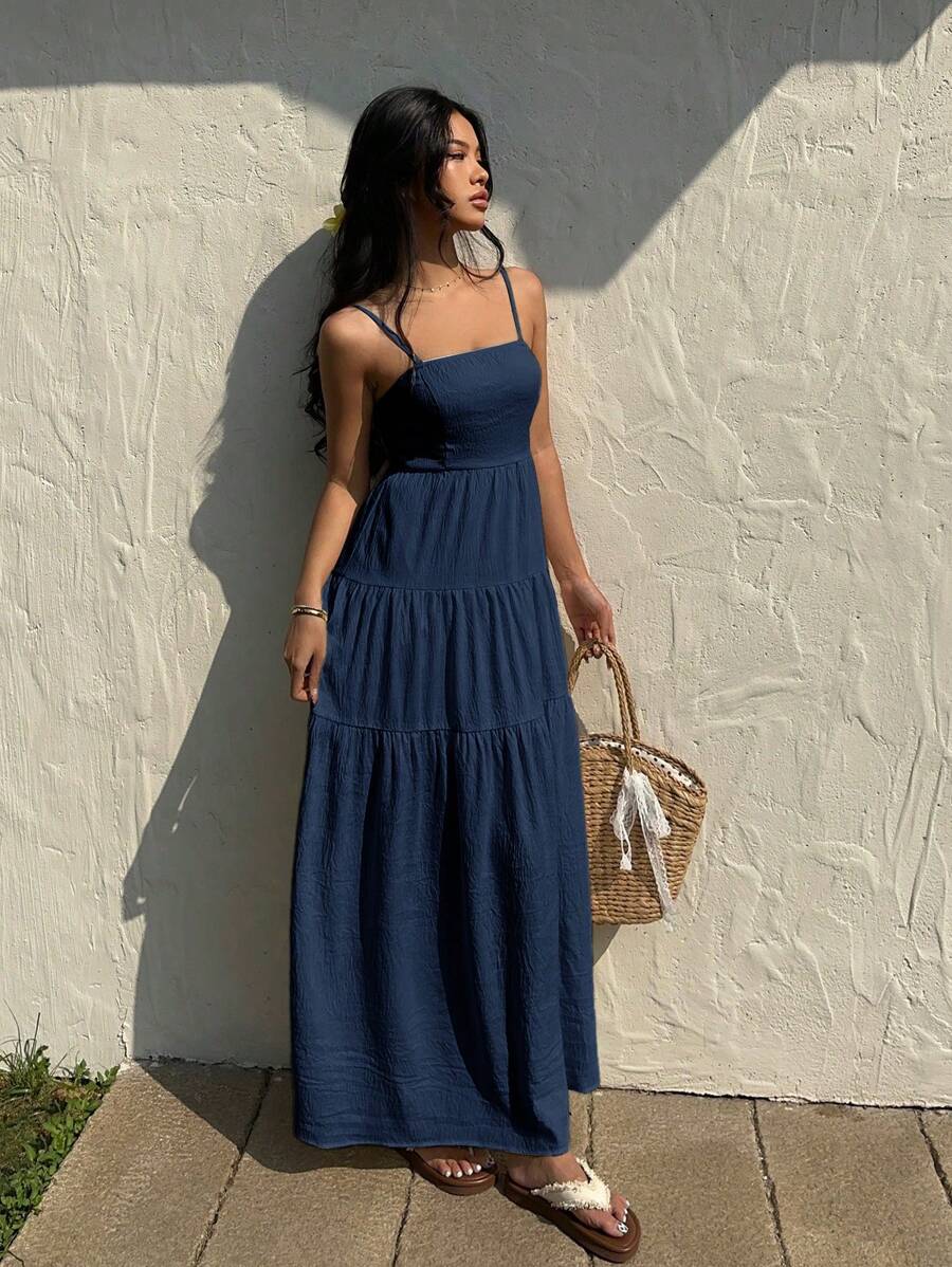 Sunnyshic 浅桃色纹理面料褶皱松紧腰无袖宽松连衣裙，度假风格 - 藏蓝色 - 查看 1