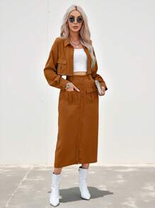 Aveloria Modichic Conjunto de 2 piezas de mujer para primavera y otoño compuesto por una chaqueta de trabajo de unicolor y manga larga con bolsillos, y una falda casual con dobladillo dividido - Naranja Quemada - Ver 3