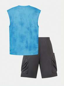 SHEIN 1 Juego, Camiseta de tirantes informal con efecto tie-dye y pantalones cortos de cargo con bolsillos grandes para niños de verano - Multicolor - Ver 2