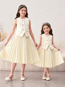 SHEIN 2pcs Set Young Girl Elegant Sleeveless Blazer Vest & Pleated Skirt Suit,Mom And Daughter & Sisters Matching Style Matching