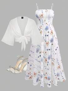 Franclia Plus Size Women Ditsy Floral Chiffon Dress And Elegant Two Pieces Set, Summer
