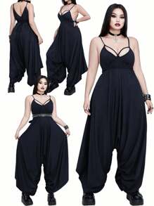 Whyspr Plus Size Fashionable V-Neck Tied Strap Drop-Crotch Jumpsuit - Navy Blue - View 1
