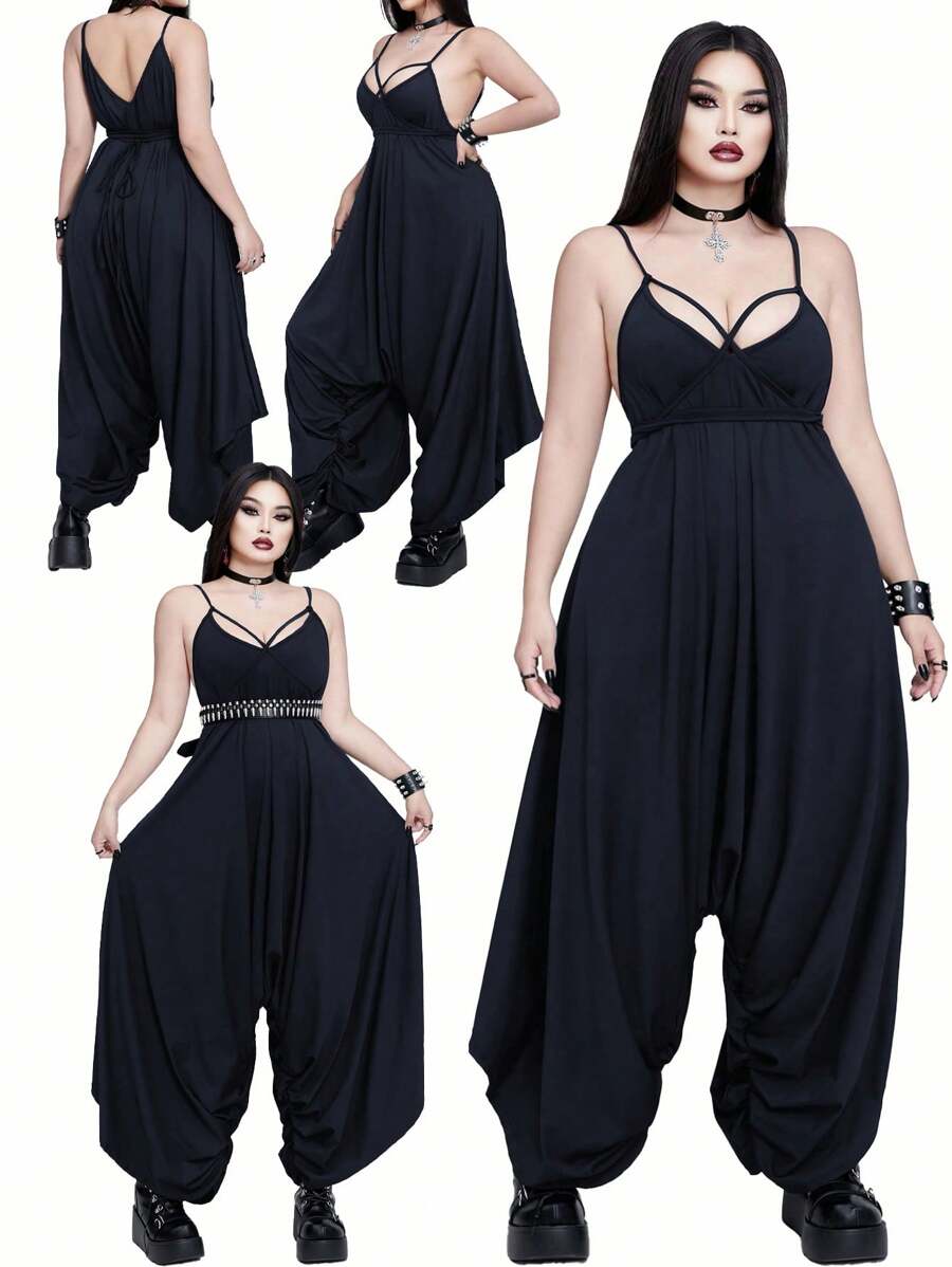 Whyspr Plus Size Fashionable V-Neck Tied Strap Drop-Crotch Jumpsuit - Navy Blue - View 1