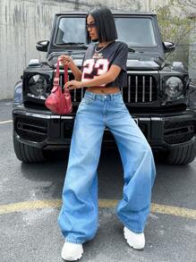 EURMUSE WOMEN LOW WAIST WIDELEG SNOW WASH CASUAL - Medium Wash - View 5