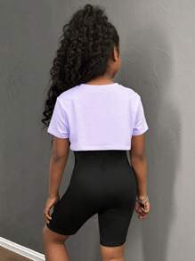 SHEIN Tween Girls Loose Short T-Shirt + Tight Jumpsuit 2pcs Set, Number Printed, Casual Daily Wear