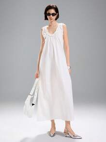 LYSMO 白色女士休闲中长款无袖圆领荷叶边下摆连衣裙