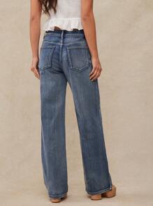 WESTFADE Mid Rise Relaxed Straight Leg Country Western Denim Pintuck Jeans For Spring Summer Women - Medium Wash - View 2