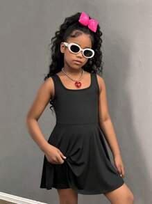 SHEIN Leap Crew Tween Girls' Black Fitted Jumpsuit, Sporty Casual Versatile Fashion - Black - View 5