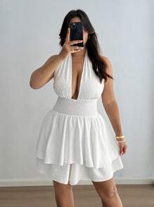 Flirla Plus Size White Summer Elwgant Holiday Night Out Club Deep V-Neck Backless Halter Jumpsuit,Embroidered Textured Pom-Pom Tie-Waist Wide Leg Loose - White - View 4