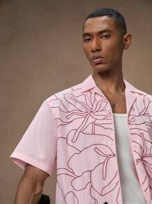 AKNOTIC 男士粉色花卉刺绣休闲梭织短袖 Polo 衫，适合夏季、度假、日常穿着、派对、男士礼物、学校 - 粉色 - 查看 1